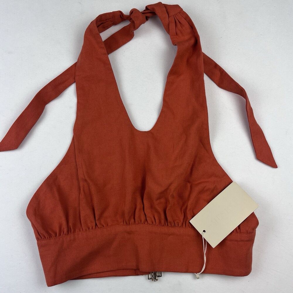 Meshki Women’s Linen Halter Top Crop Rust Orange Small Tie Back Adjustable New - Picture 7 of 16